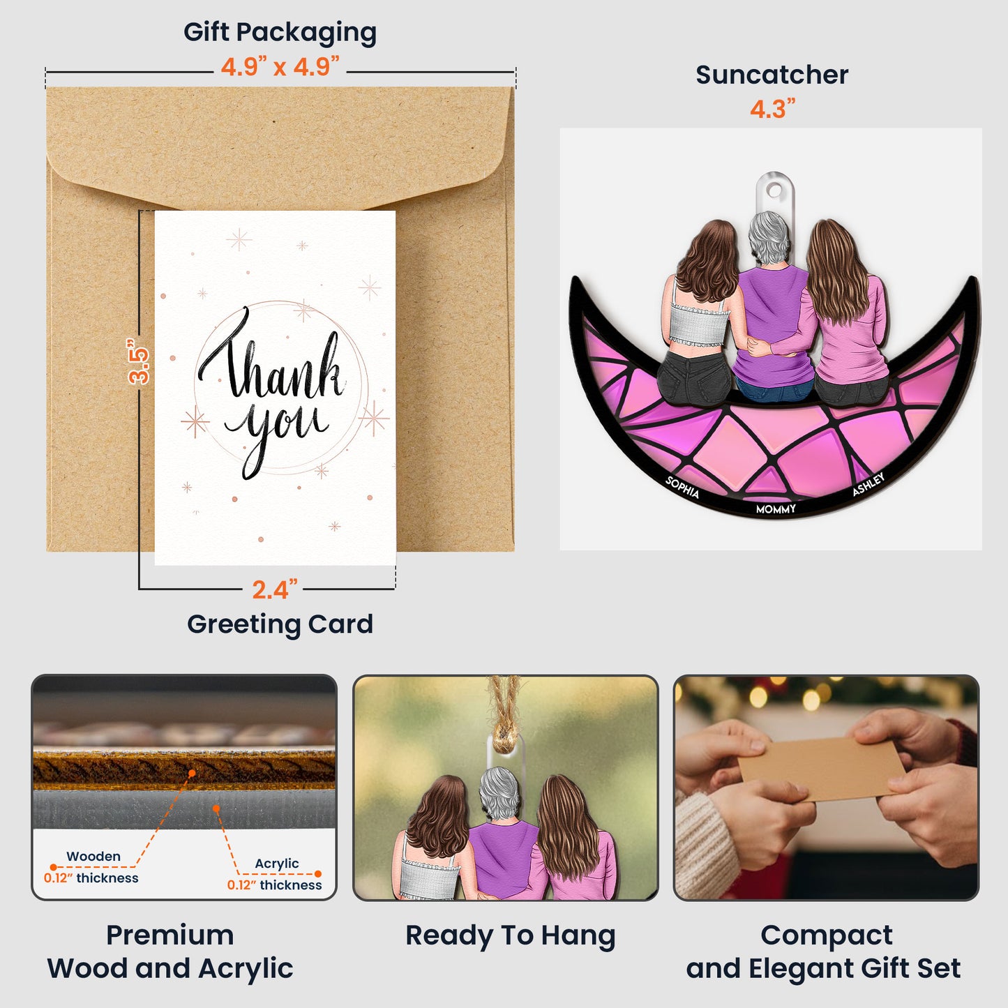 Mom, Children Sitting On The Moon - Personalized Suncatcher With Card