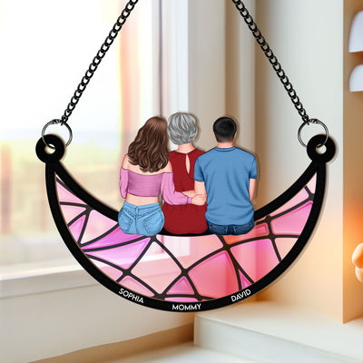 Mom, Children Sitting On The Moon - Personalized Window Hanging Suncatcher Ornament