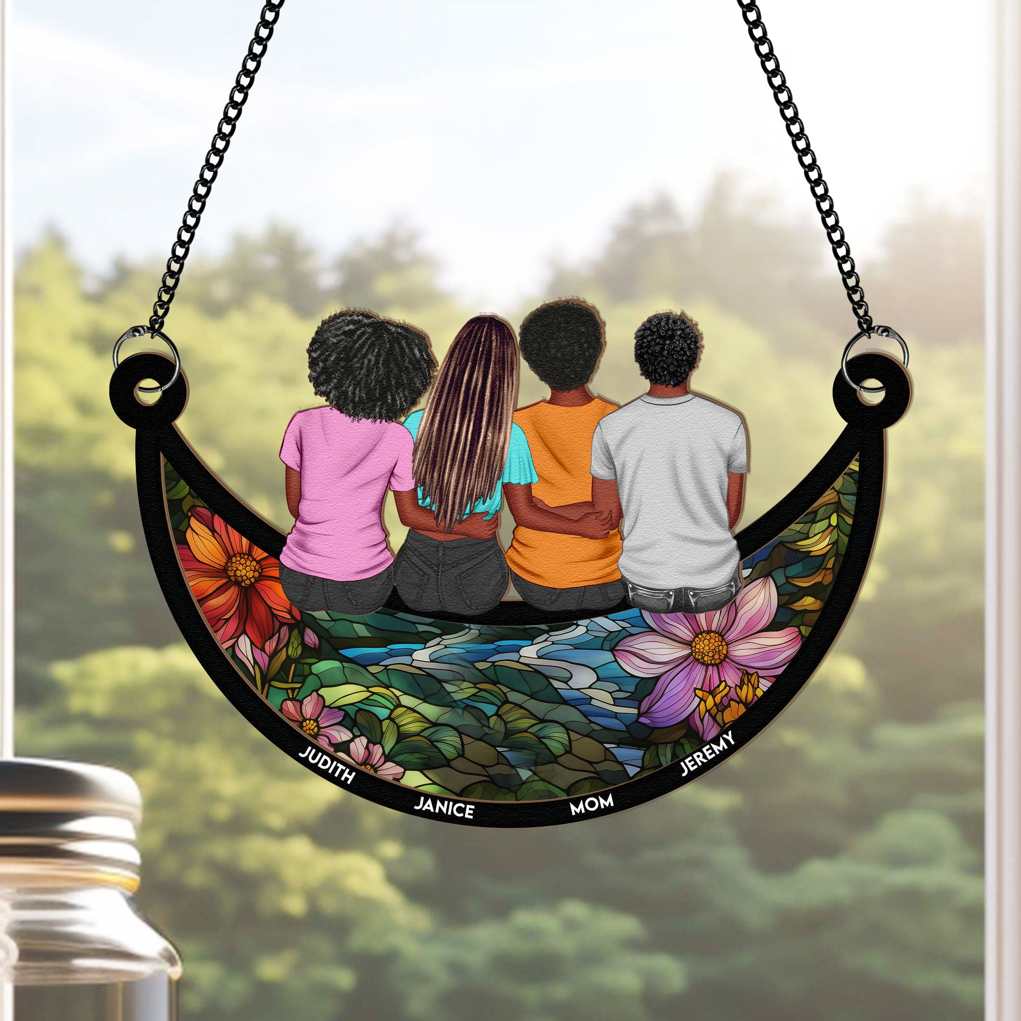 Mom, Children Sitting On The Moon - Personalized Window Hanging Suncatcher Ornament - Christmas Gift For Mom