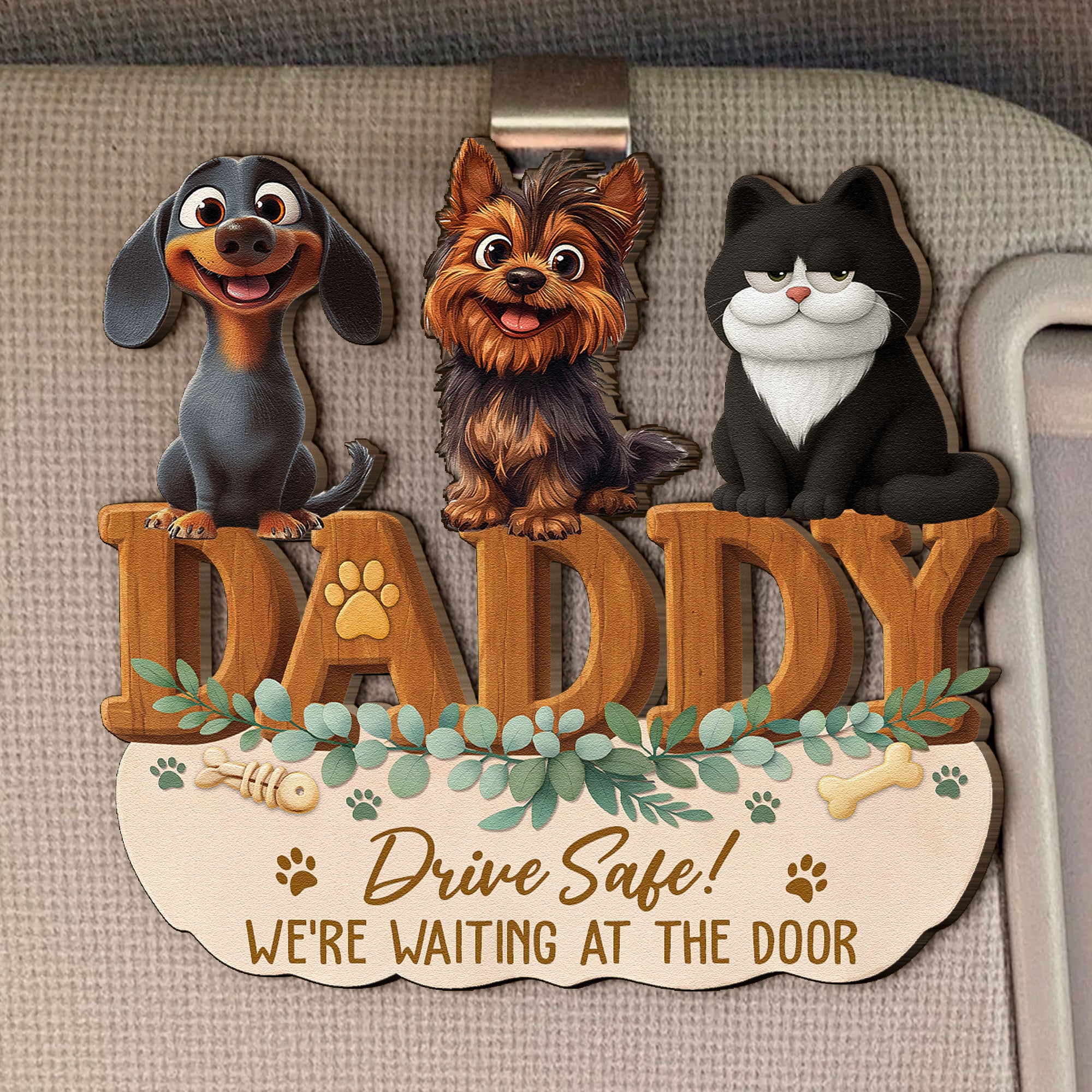 Mom, Dad Drive Safe! We’re Waiting At The Door - Personalized Wooden Car Visor Clip