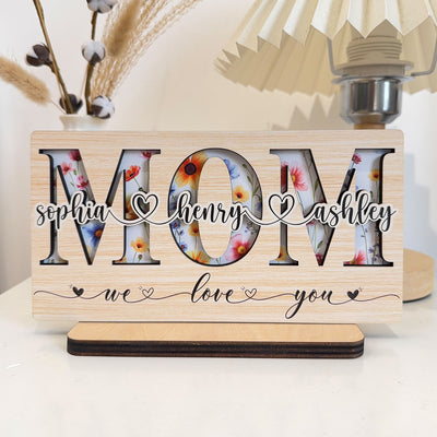 Mom, Grandma, Gigi Floral Sign With Kids' Names - Personalized Wooden Plaque