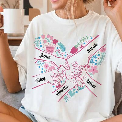 Mom Holding Hands Floral Shirt Gift For Mom, Wife, Grandma - Personalized Shirt