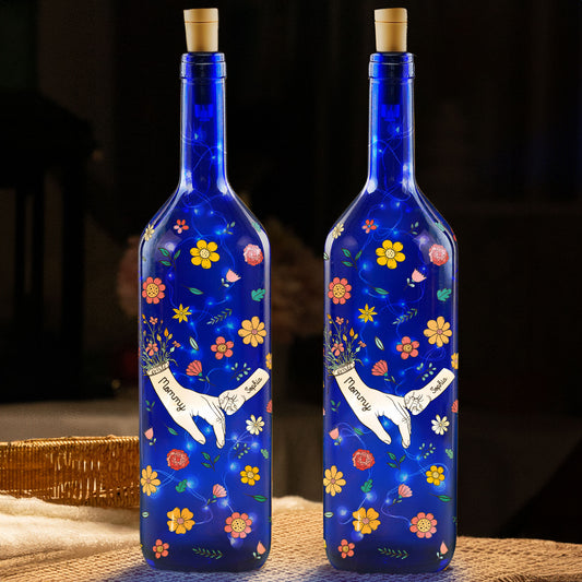 Mom's Hand - Personalized Blue Bottle Lamp