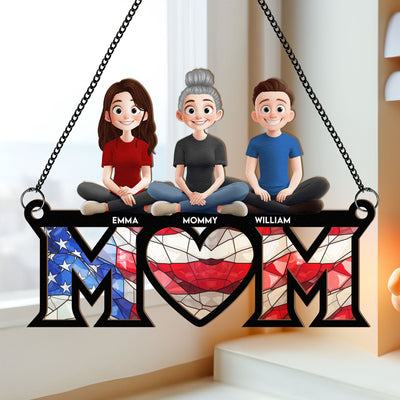 Mom We Love You USA Flag Pattern - Personalized Window Hanging Suncatcher