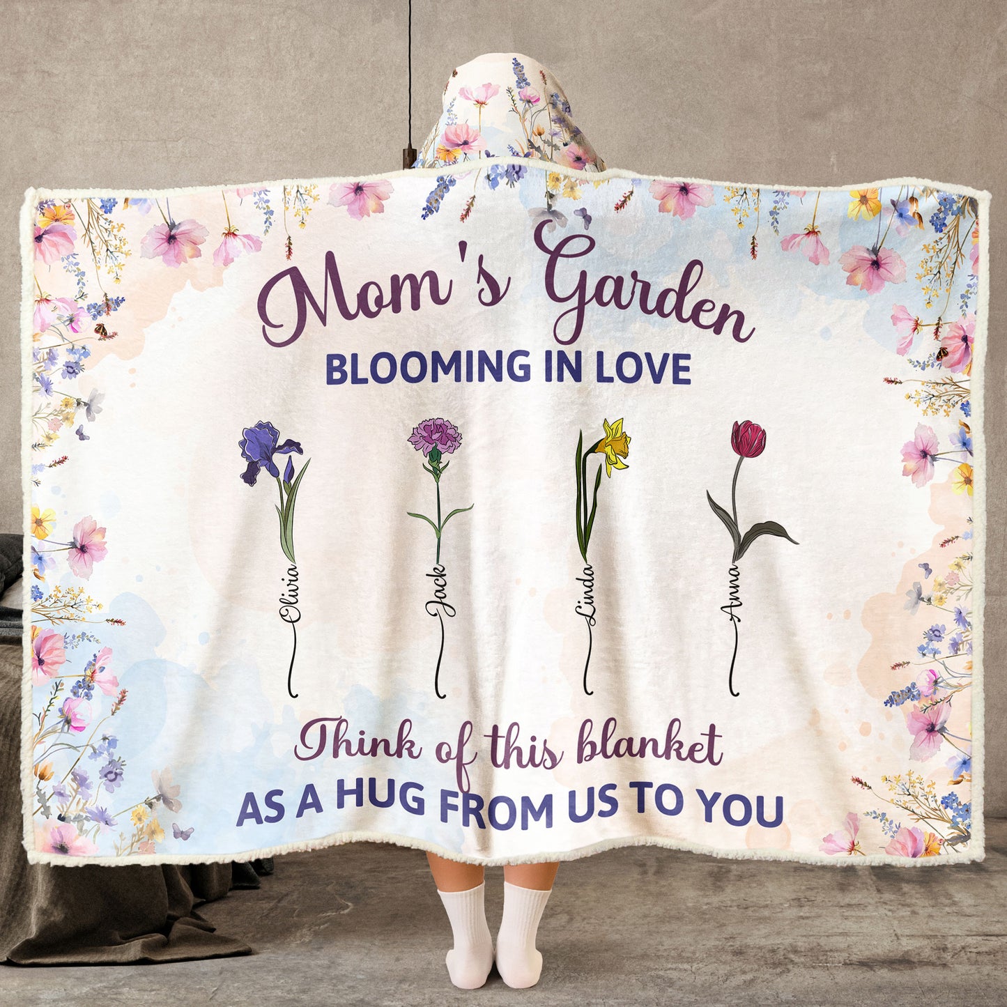 Mom's Garden Blooming In Love - Personalized Wearable Hooded Blanket