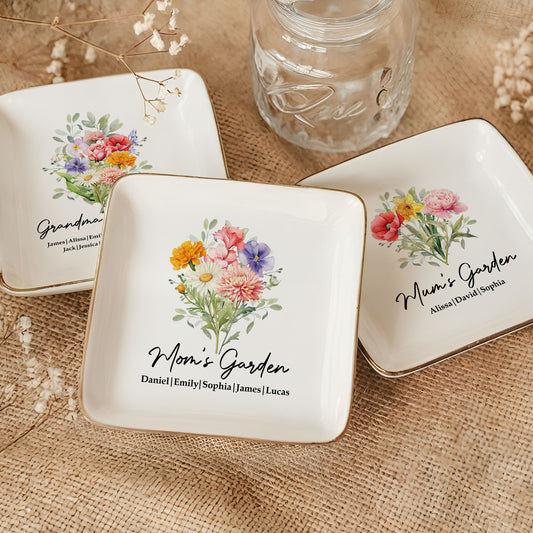 Mom's Garden Custom Kids' Birth Flowers - Mother's Day Gift For Mom, Mum, Grandma - Personalized Jewelry Dish