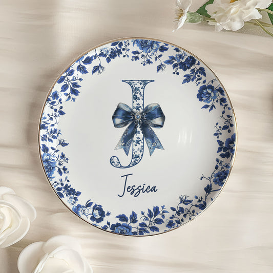 Monogram Letter Custom Name Chinoiserie Toile De Jouy - Personalized Jewelry Dish