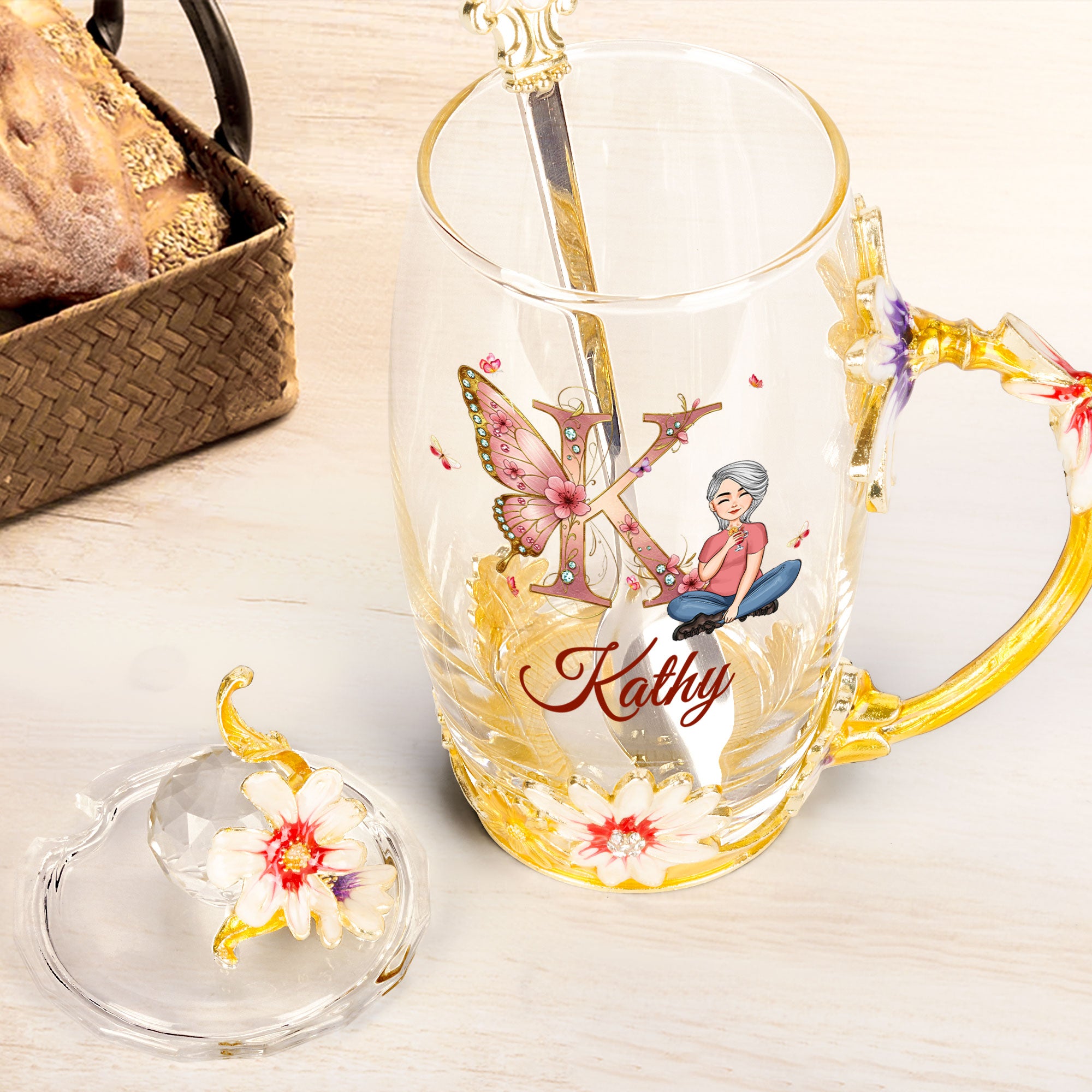 Monogram Letters Mother's Day Birthday Gift For Her - Personalized Enamel Flower Tea Cup