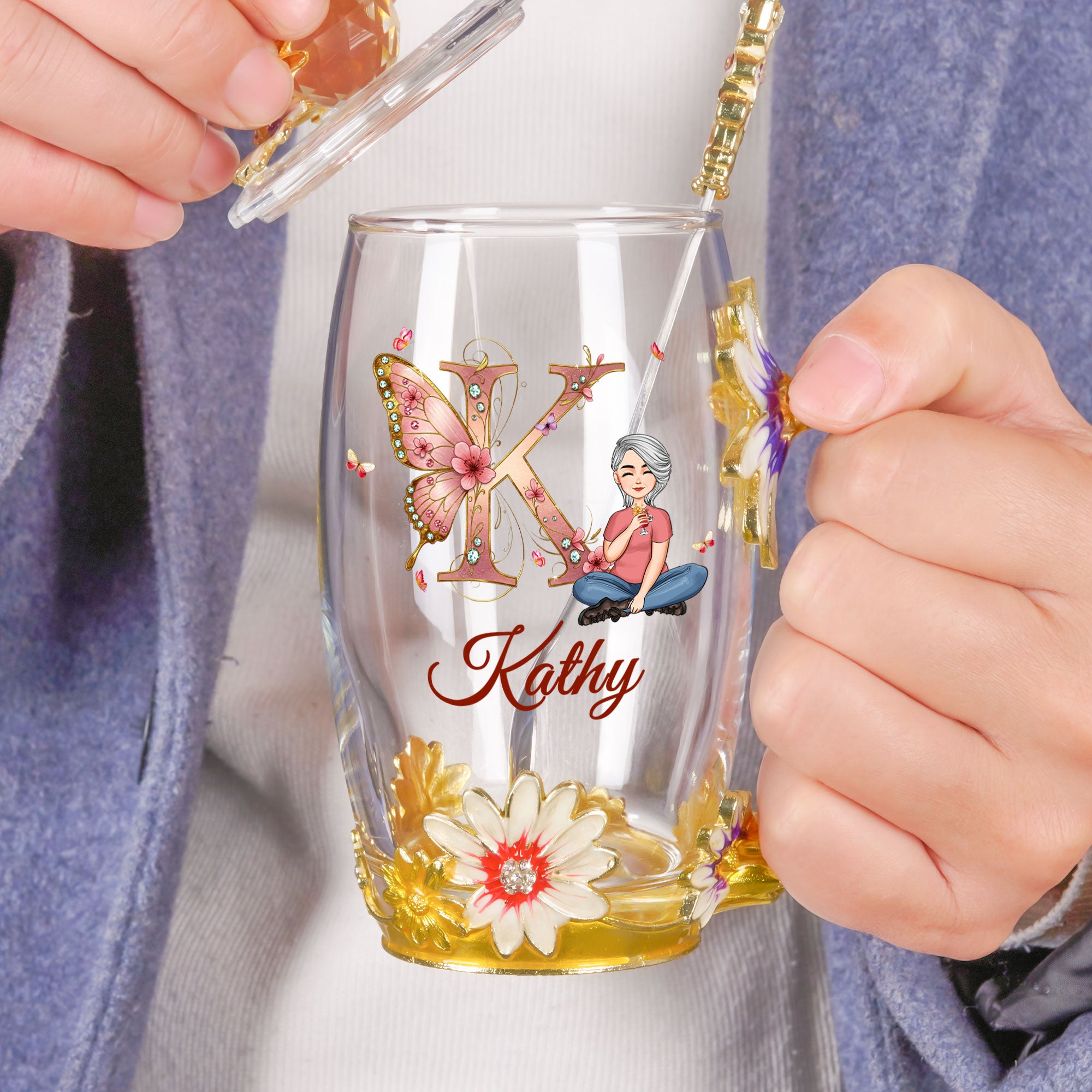 Monogram Letters Mother's Day Birthday Gift For Her - Personalized Enamel Flower Tea Cup