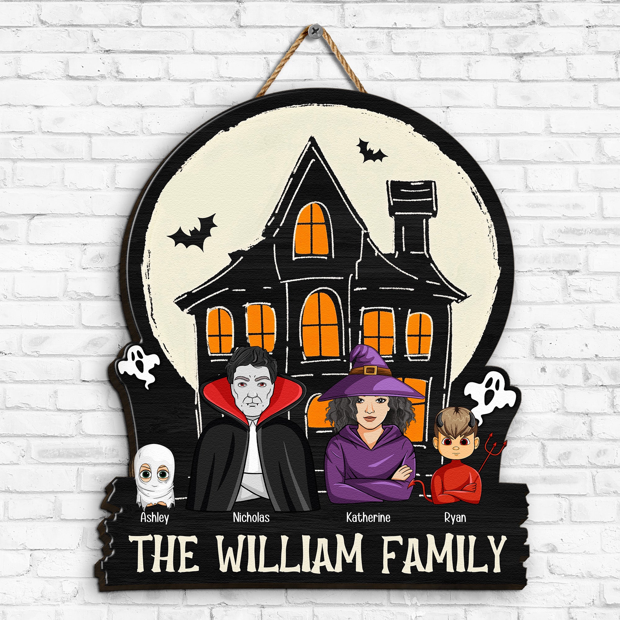 Monster Family In Halloween Haunted Home - Personalized Wood Sign