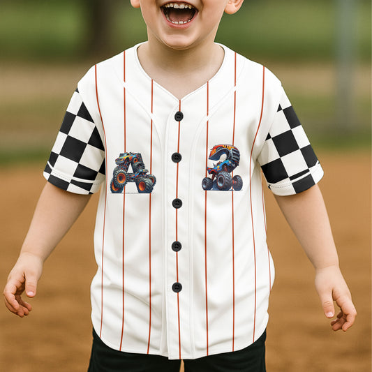 Monster Truck Alphabet Letters - Personalized Kids Baseball Jersey