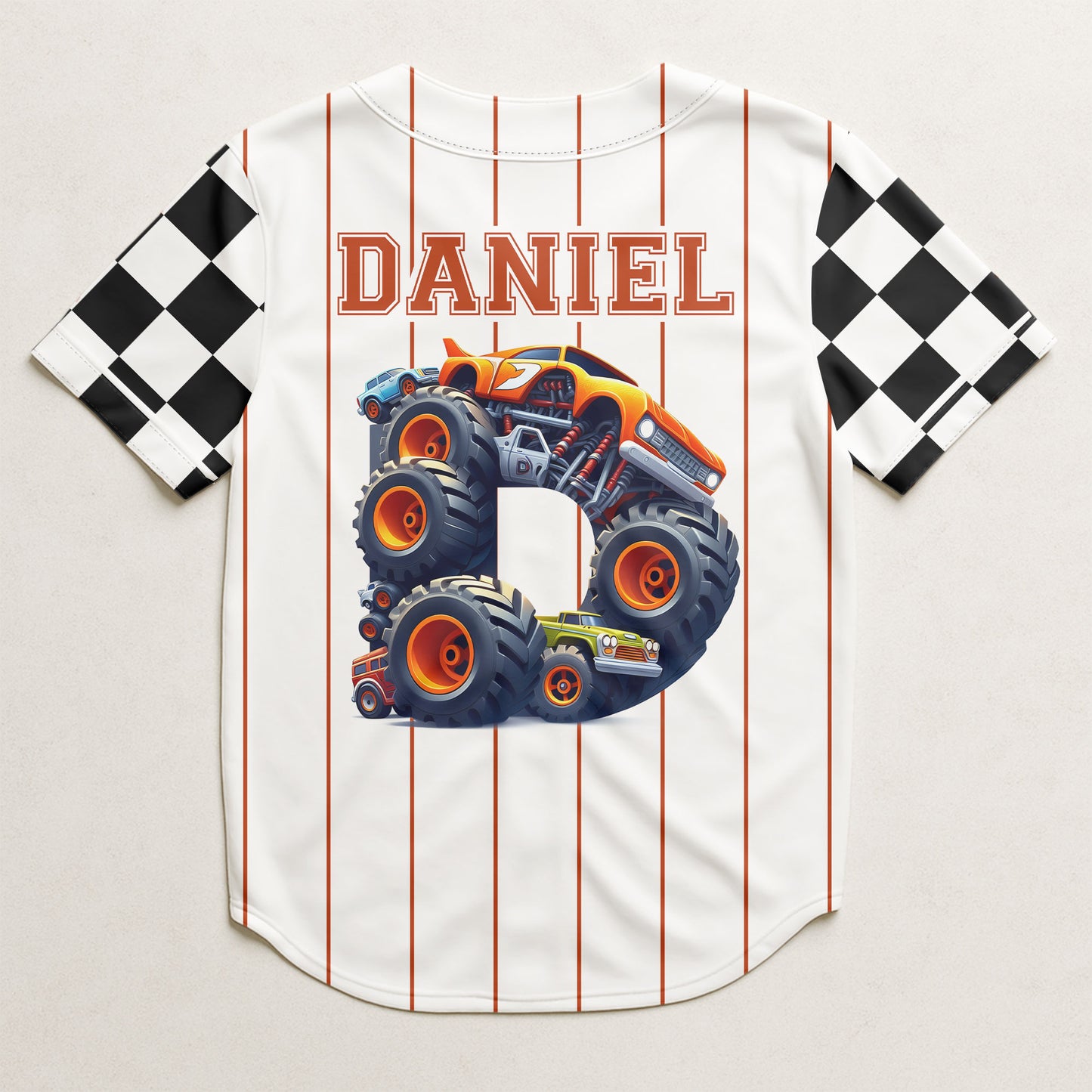 Monster Truck Alphabet Letters - Personalized Kids Baseball Jersey