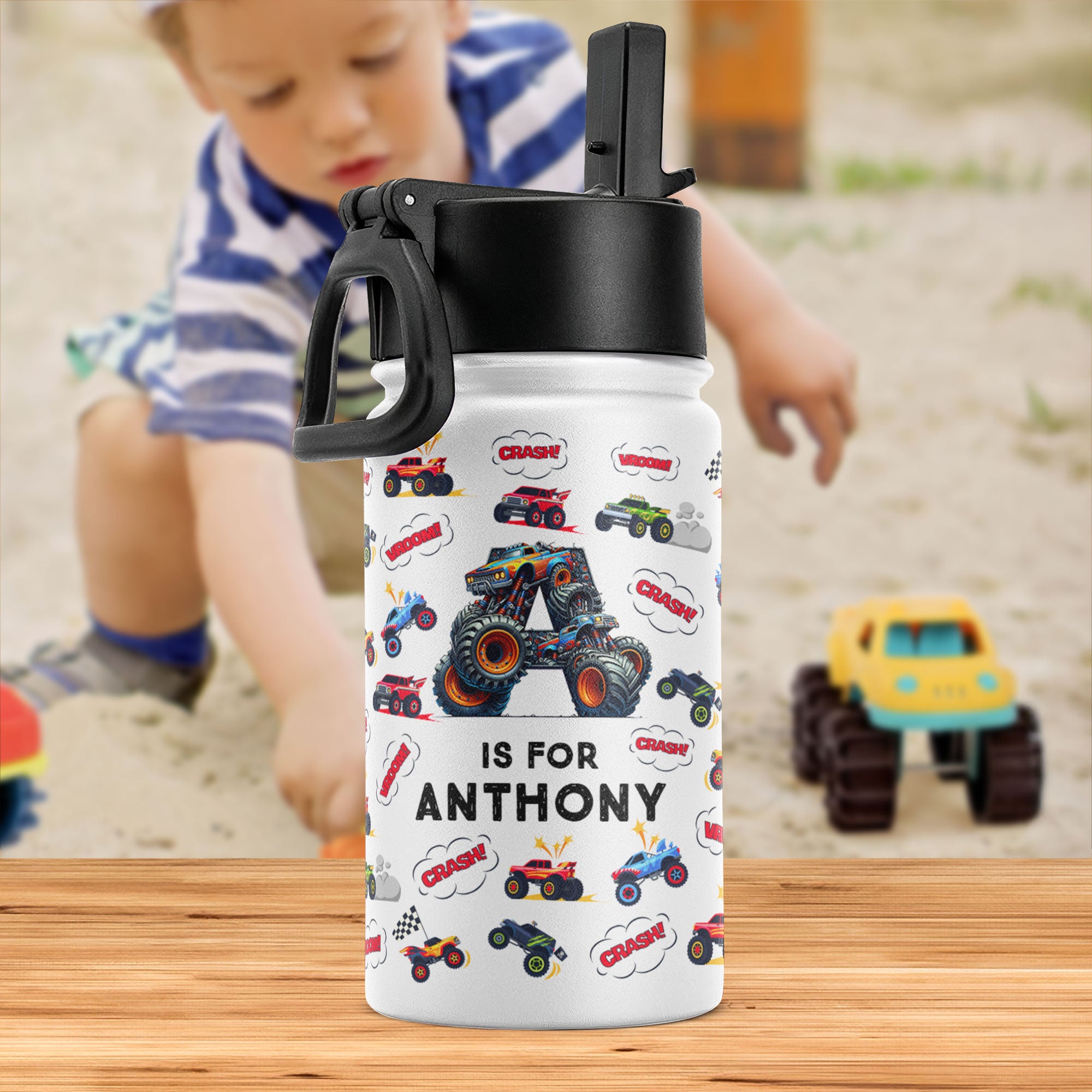 Monster Truck, Unicorn Alphabet - Personalized Kids Water Bottle With Straw Lid