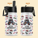 Monster Truck, Unicorn Alphabet - Personalized Kids Water Bottle With Straw Lid