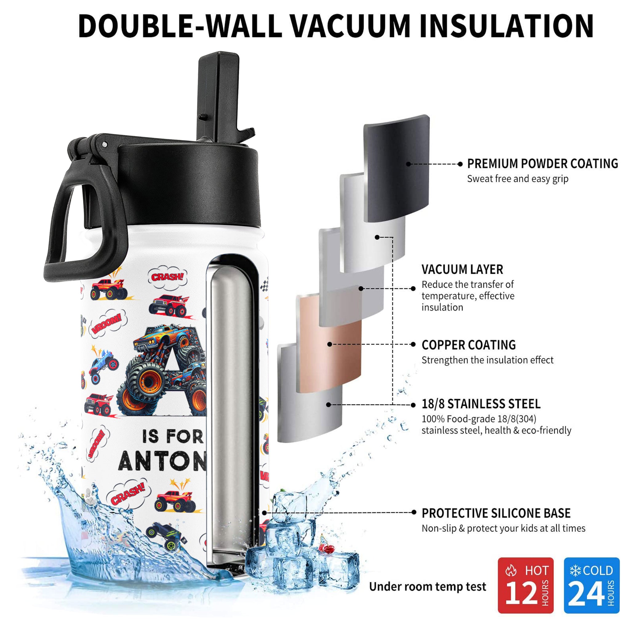 Monster Truck, Unicorn Alphabet - Personalized Kids Water Bottle With Straw Lid