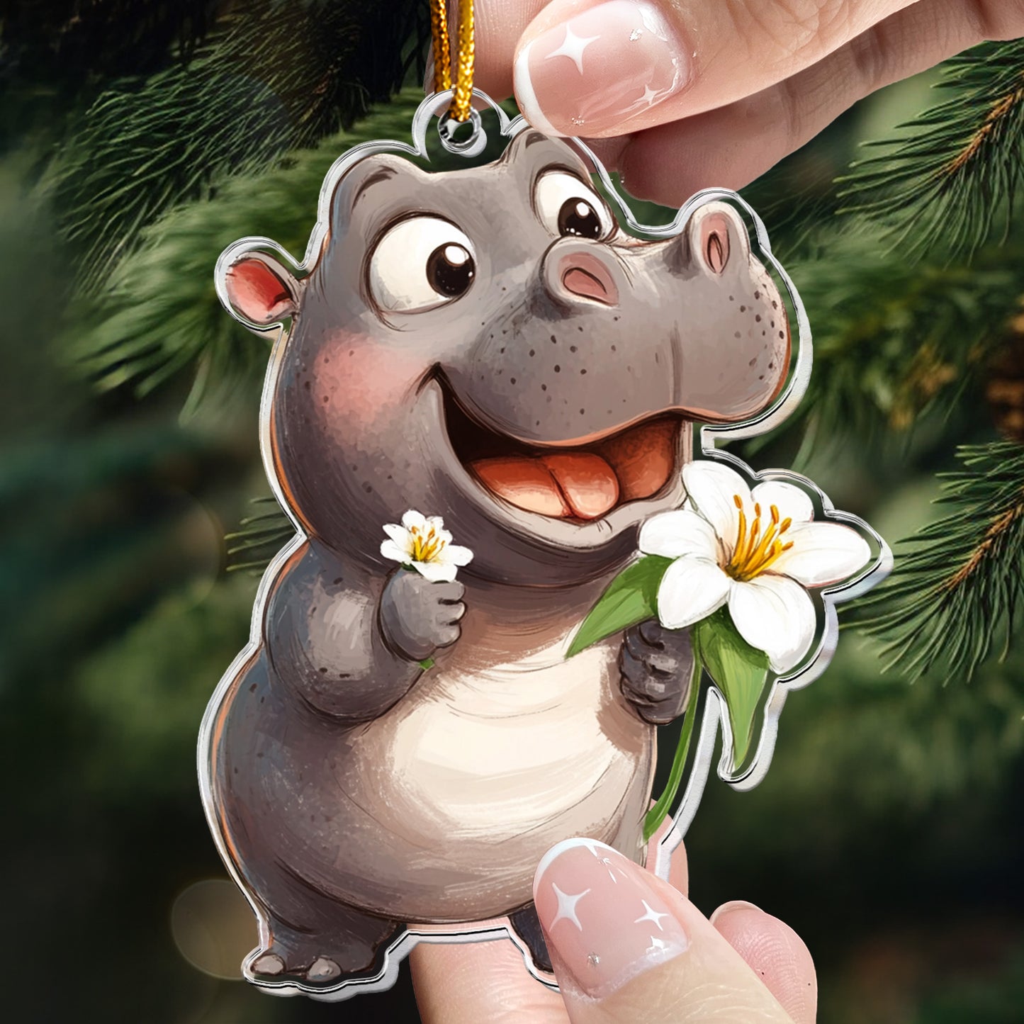 Moo Deng Christmas Ornament - Baby Hippo Ornament - Personalized Acrylic Ornament