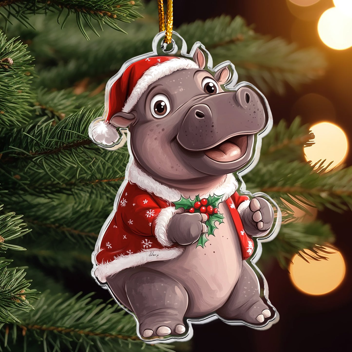 Moo Deng Christmas Ornament - Baby Hippo Ornament - Personalized Acrylic Ornament