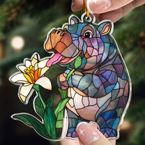 Moo Deng Christmas Ornament Stained Glass Style - Baby Hippo Ornament - Personalized Acrylic Ornament