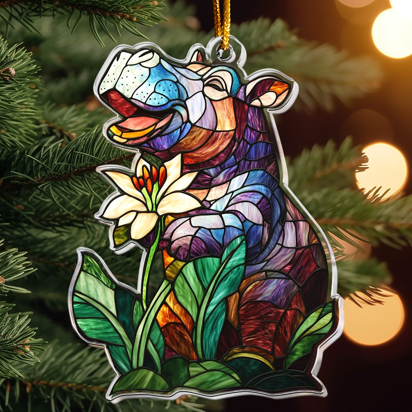 Moo Deng Christmas Ornament Stained Glass Style - Baby Hippo Ornament - Personalized Acrylic Ornament