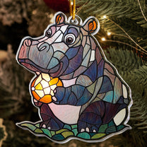 Moo Deng Christmas Ornament Stained Glass Style - Baby Hippo Ornament - Personalized Acrylic Ornament