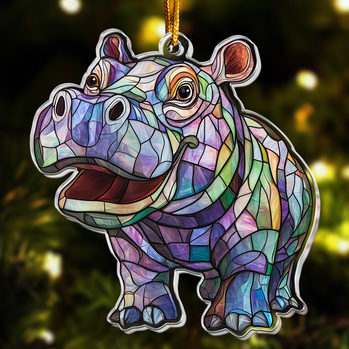 Moo Deng Christmas Ornament Stained Glass Style - Baby Hippo Ornament - Personalized Acrylic Ornament