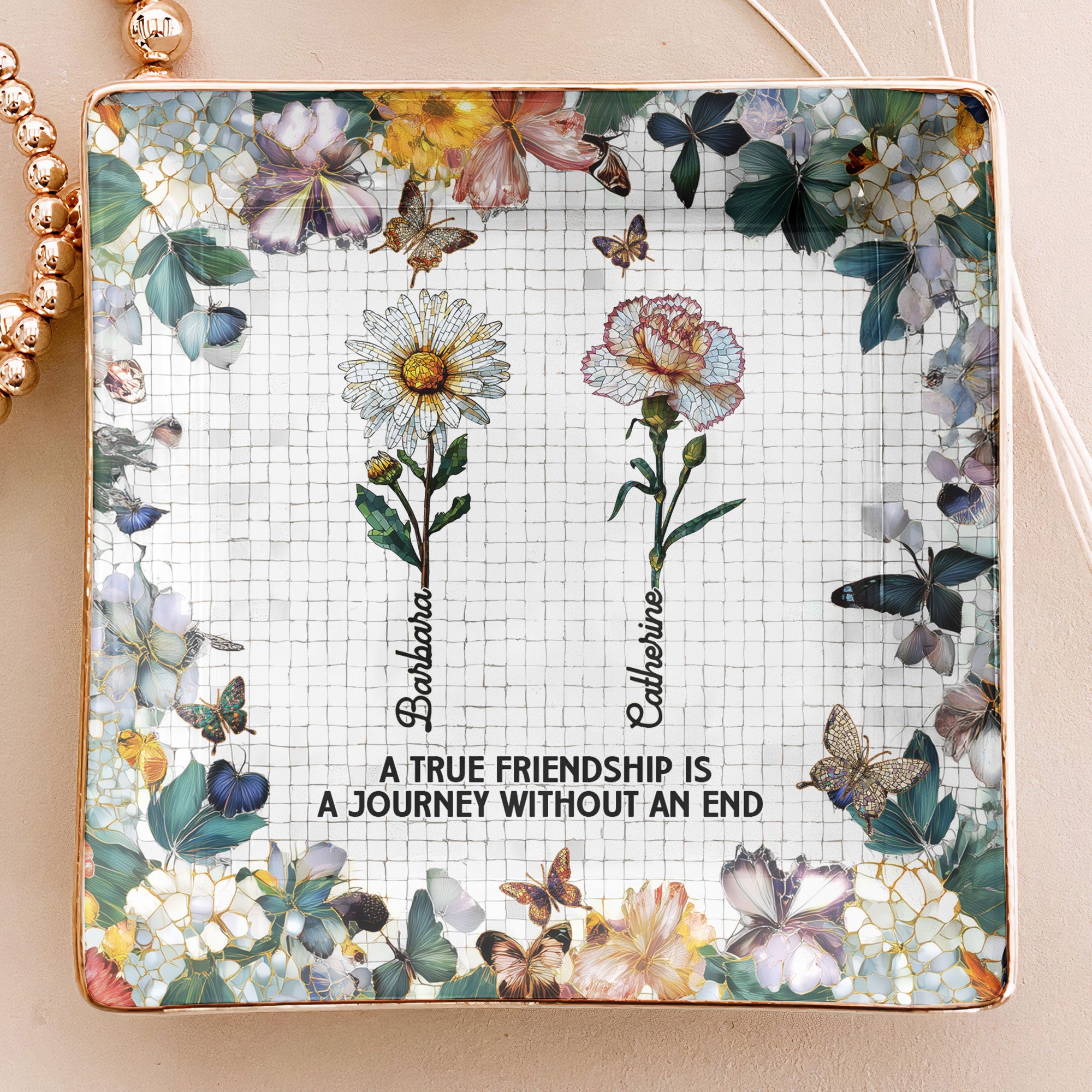 Mosaic Style Birth Flowers A True Friendship Is A Journey - Personalized Jewelry Dish