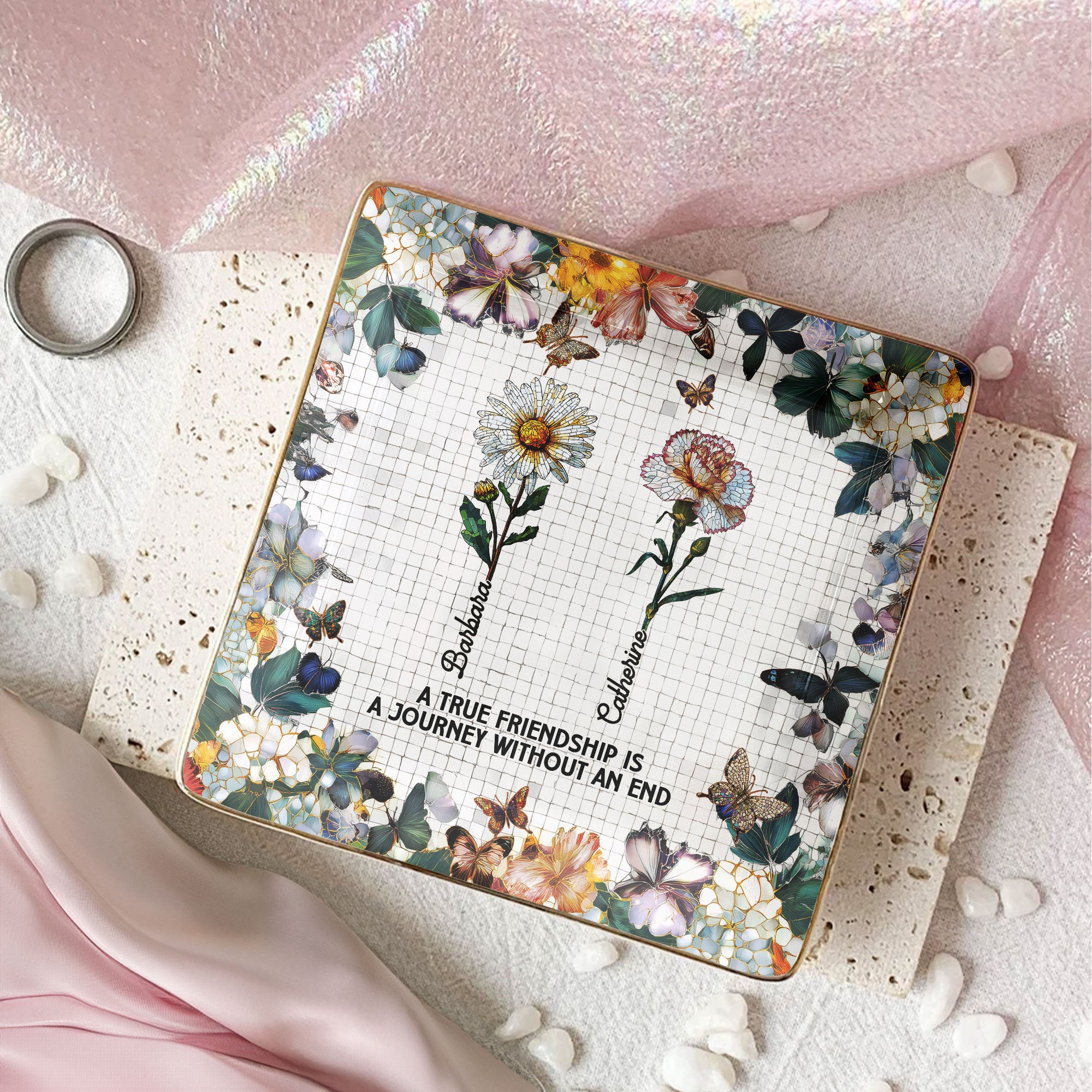 Mosaic Style Birth Flowers A True Friendship Is A Journey - Personalized Jewelry Dish