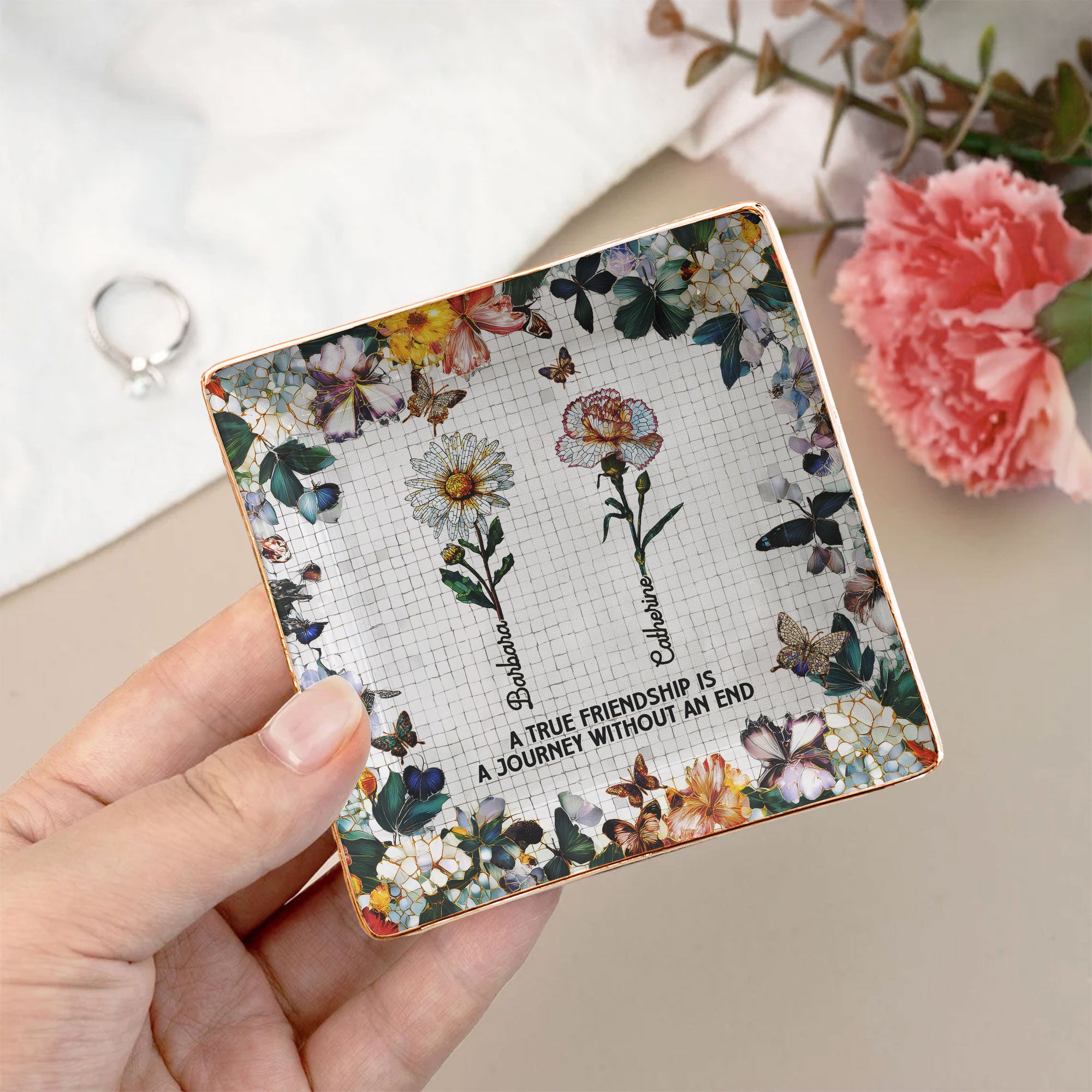 Mosaic Style Birth Flowers A True Friendship Is A Journey - Personalized Jewelry Dish