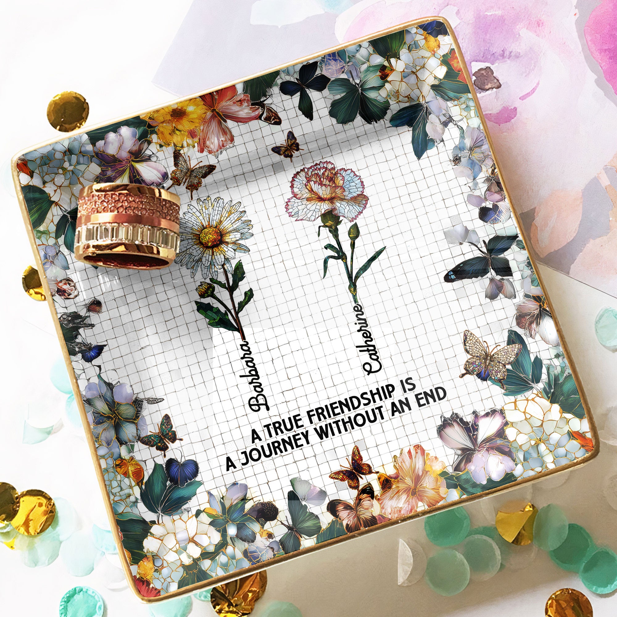Mosaic Style Birth Flowers A True Friendship Is A Journey - Personalized Jewelry Dish