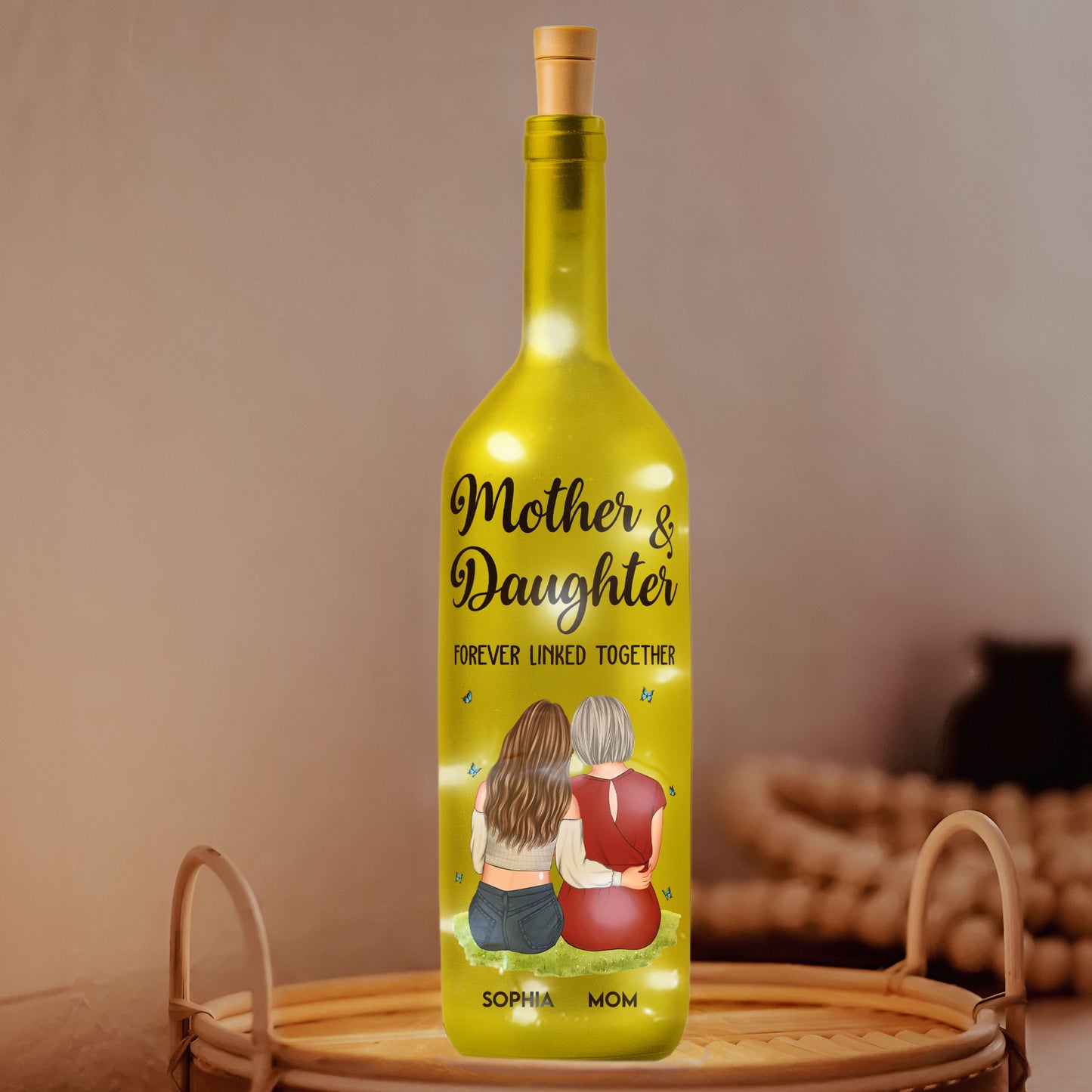 Mother And Daughter Forever Linked Together - Personalized Bottle Lamp - Gift For Mom