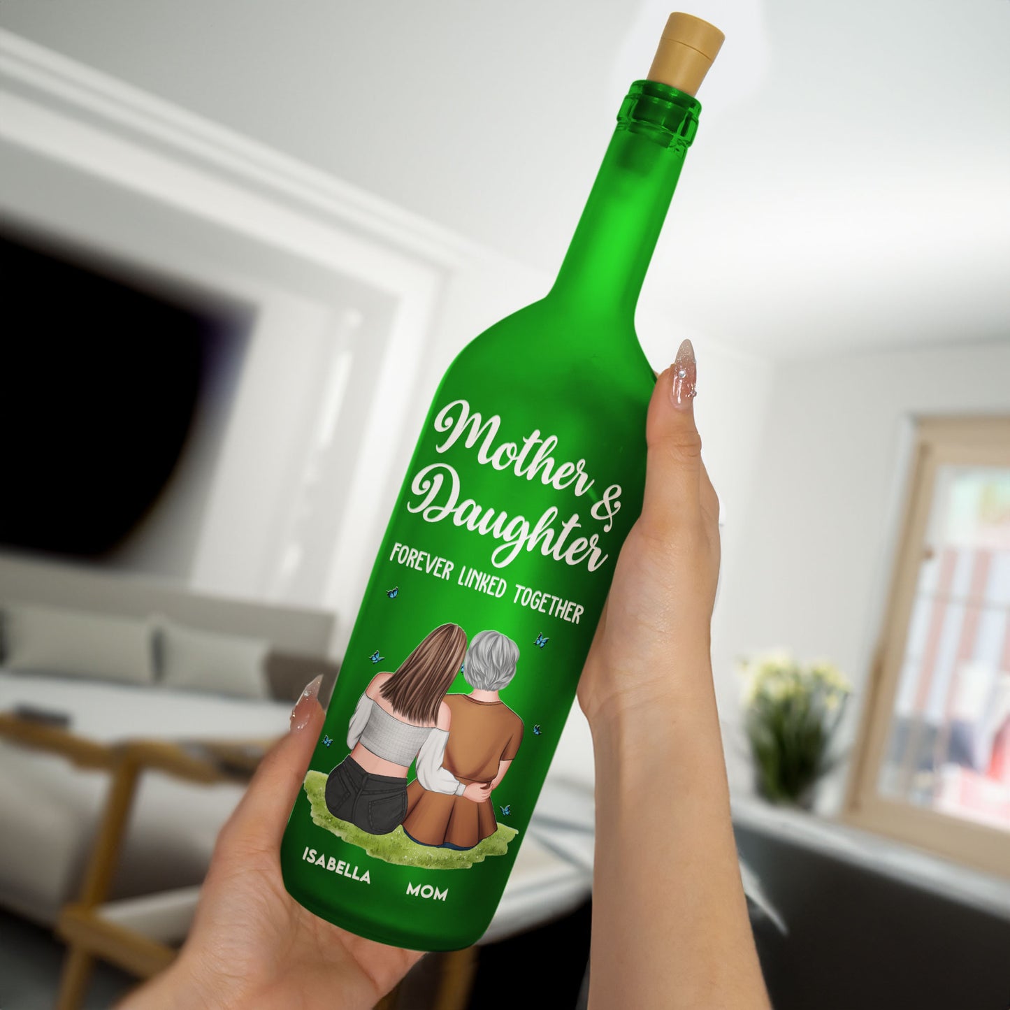 Mother And Daughter Forever Linked Together - Personalized Bottle Lamp - Gift For Mom