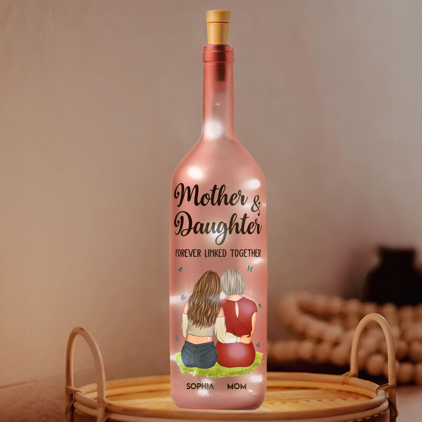 Mother And Daughter Forever Linked Together - Personalized Bottle Lamp - Gift For Mom