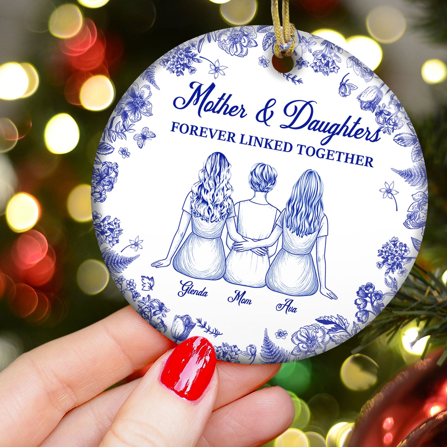 Mother And Daughters Forever Linked Together - Personalized Ceramic Ornament