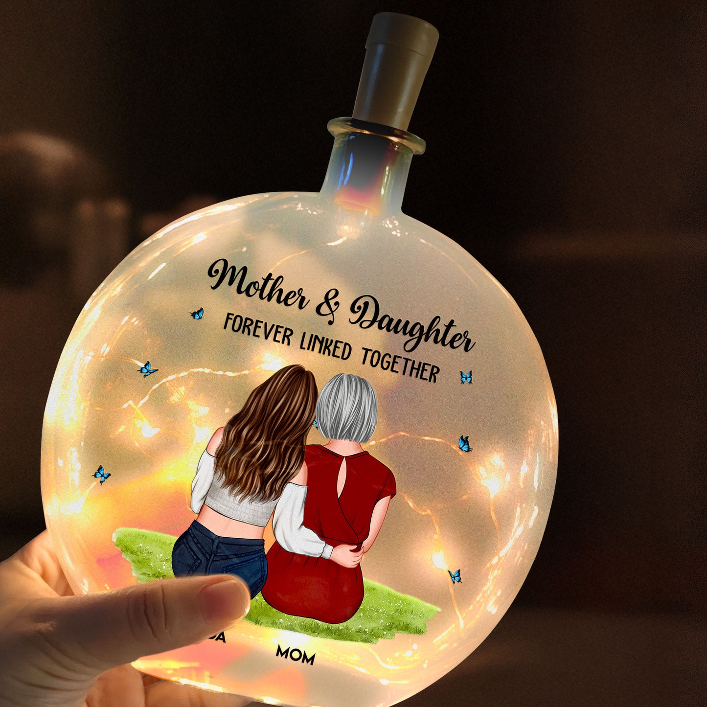 Mother And Daughter Forever Linked Together - Personalized Round Flat Bottle Light