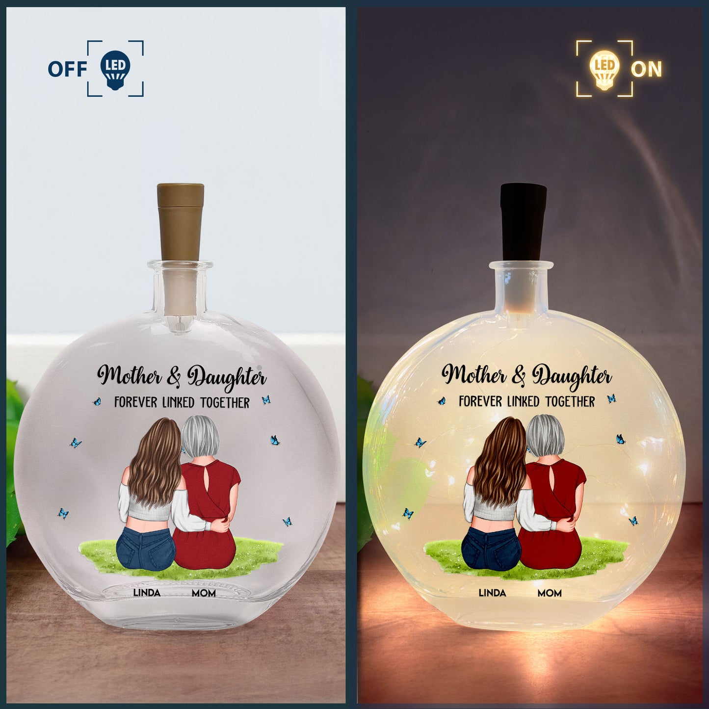 Mother And Daughter Forever Linked Together - Personalized Round Flat Bottle Light