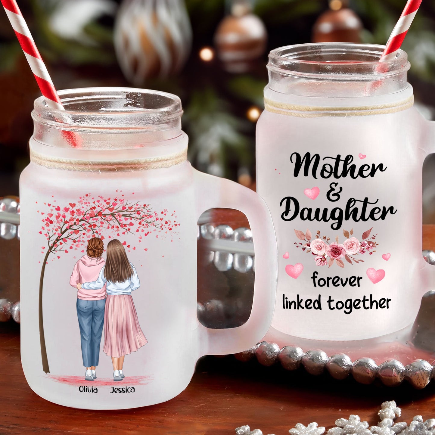 Mother And Daughters - Personalized Mason Jar Cup With Straw