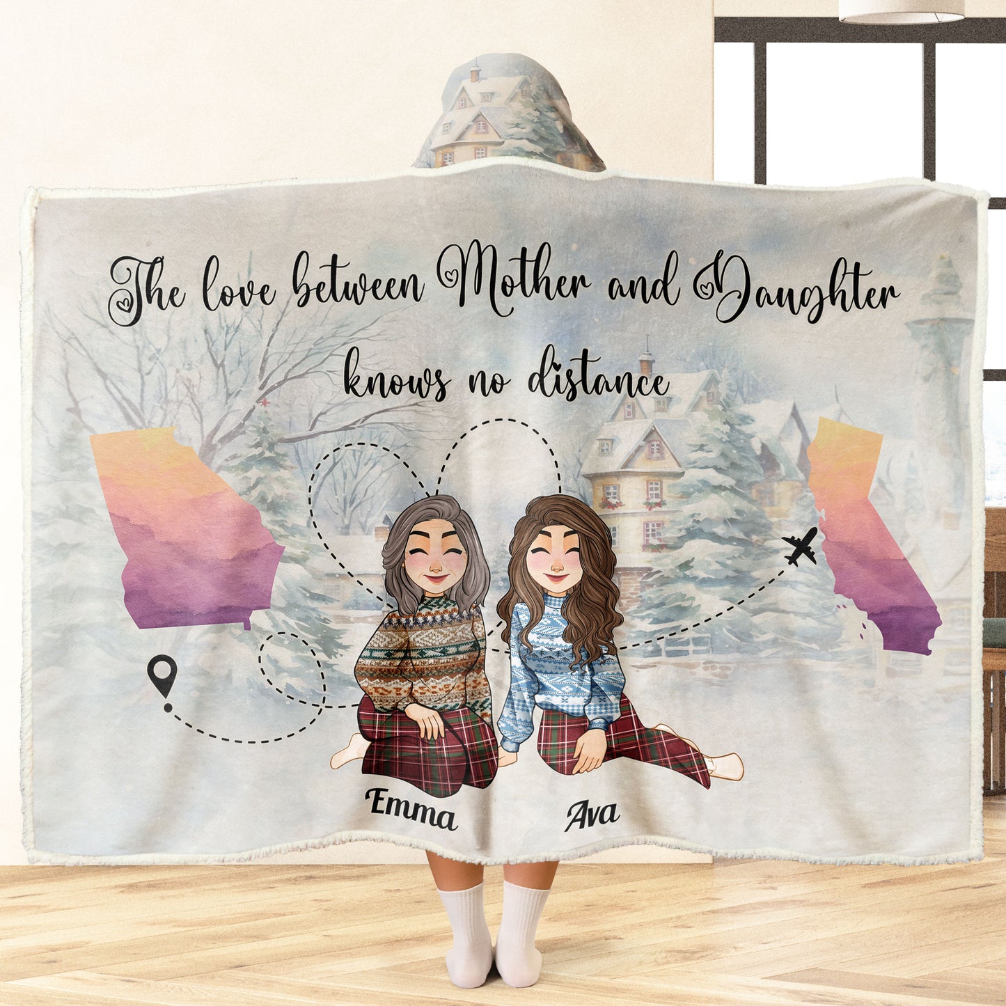 Mother Daughter Love Knows No Distance - Personalized Wearable Hooded Blanket