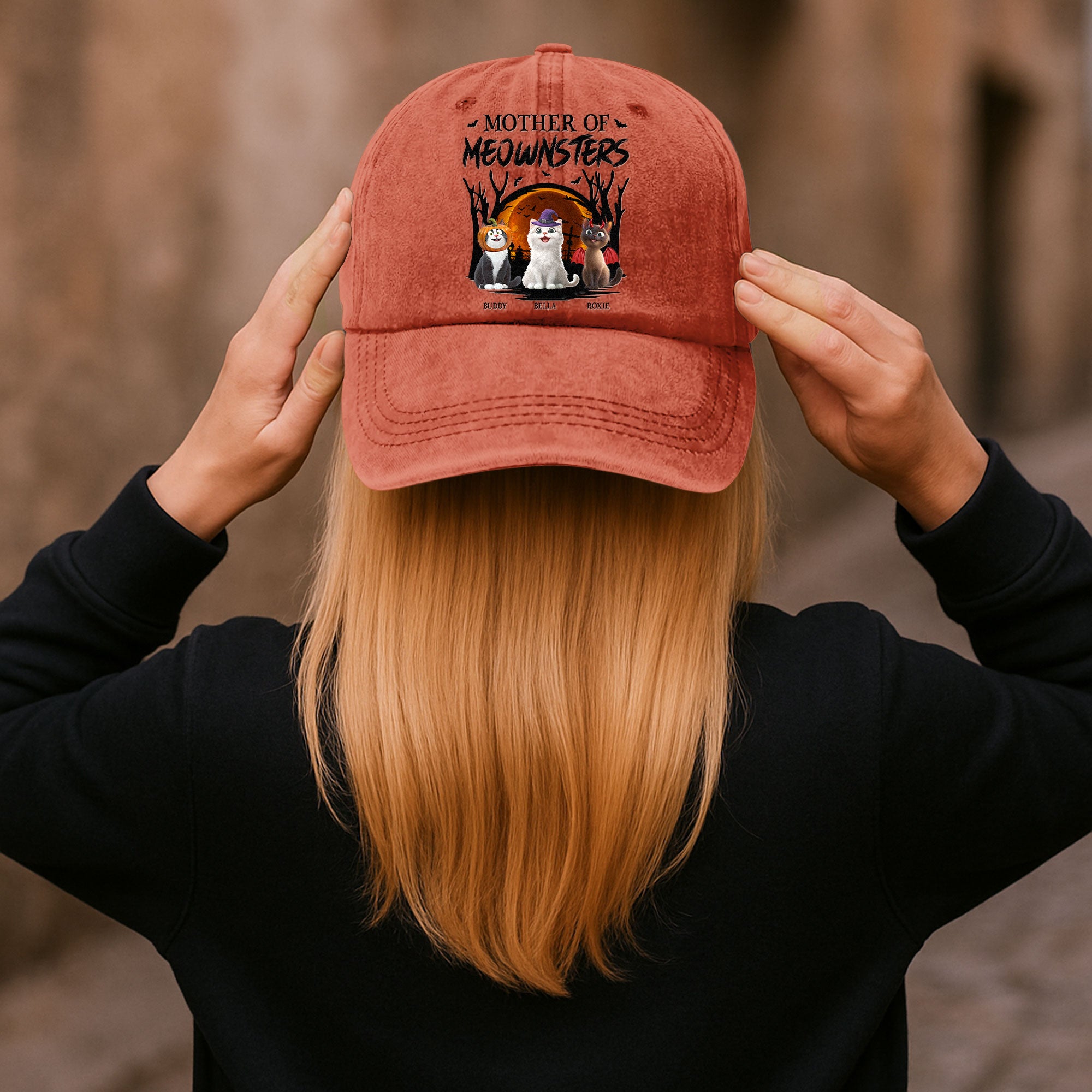 Mother Of Meownsters - Personalized Distressed Denim Cap