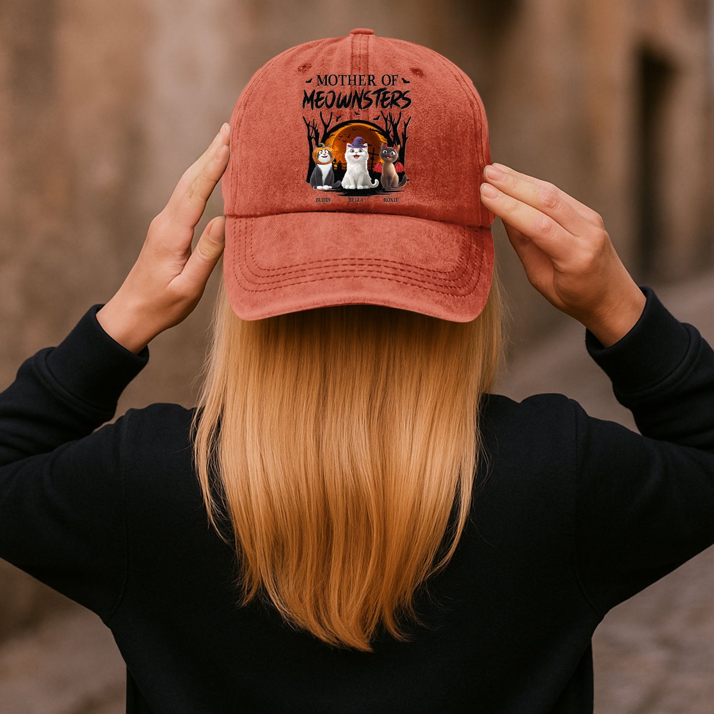 Mother Of Meownsters - Personalized Distressed Denim Cap