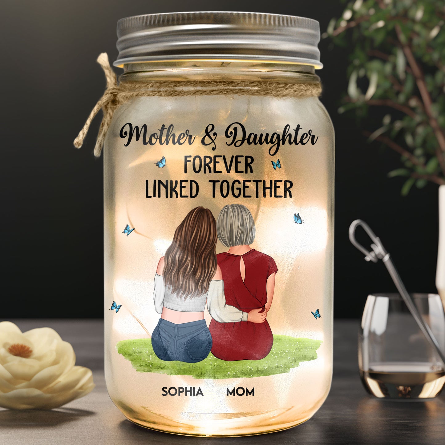 Mother & Daughter Forever Linked Together - Personalized Mason Jar Light