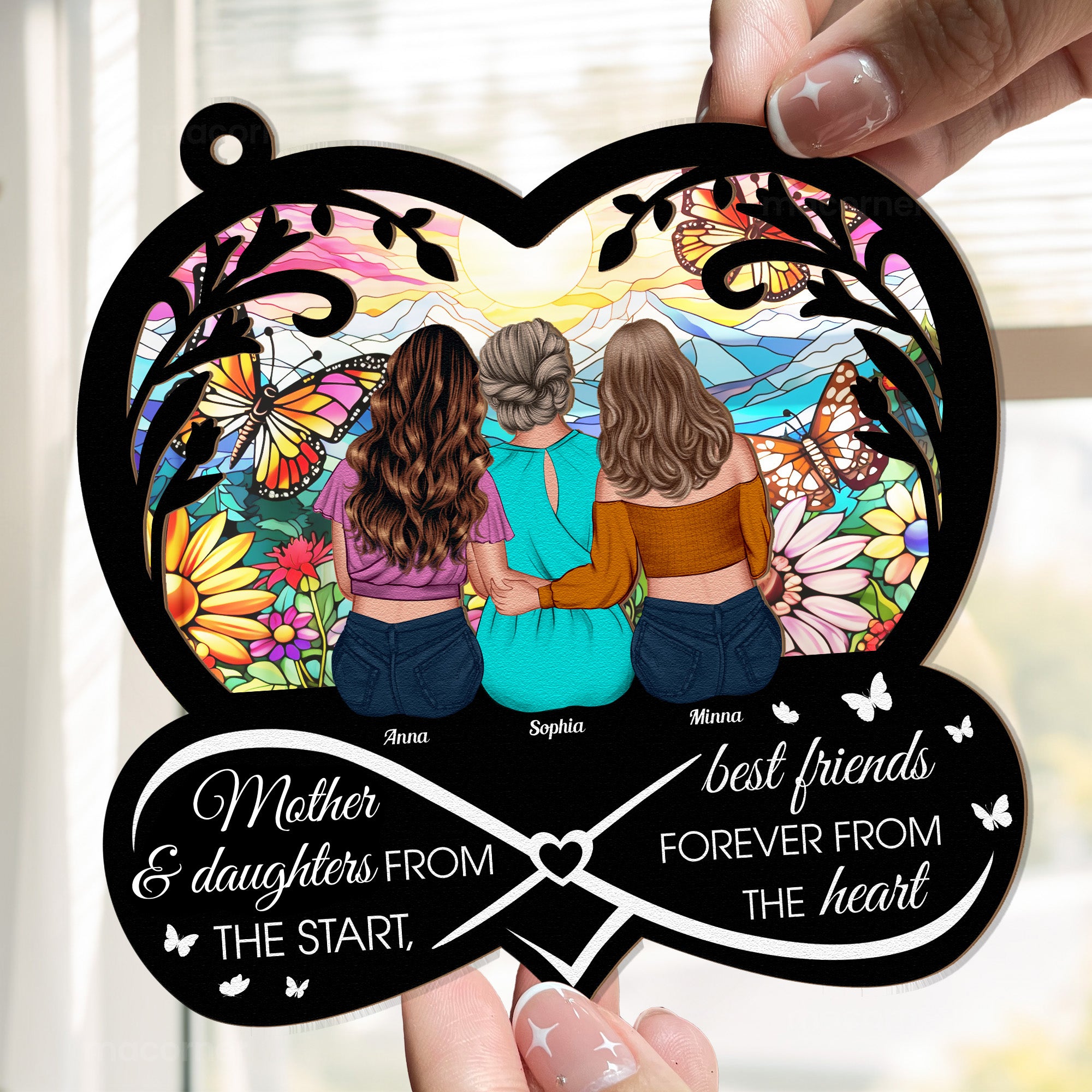 Mother & Daughters, Best Friends Forever From The Heart - Personalized Window Hanging Suncatcher Ornament