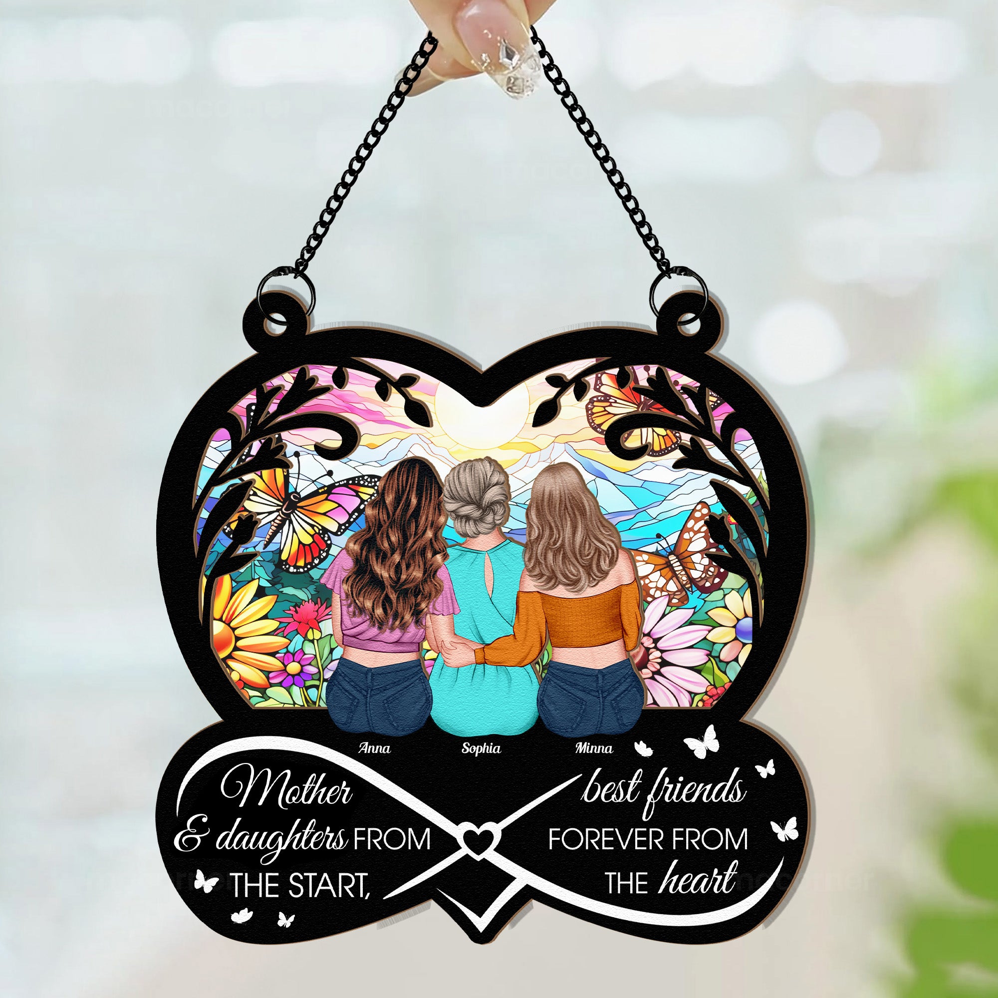 Mother & Daughters, Best Friends Forever From The Heart - Personalized Window Hanging Suncatcher Ornament