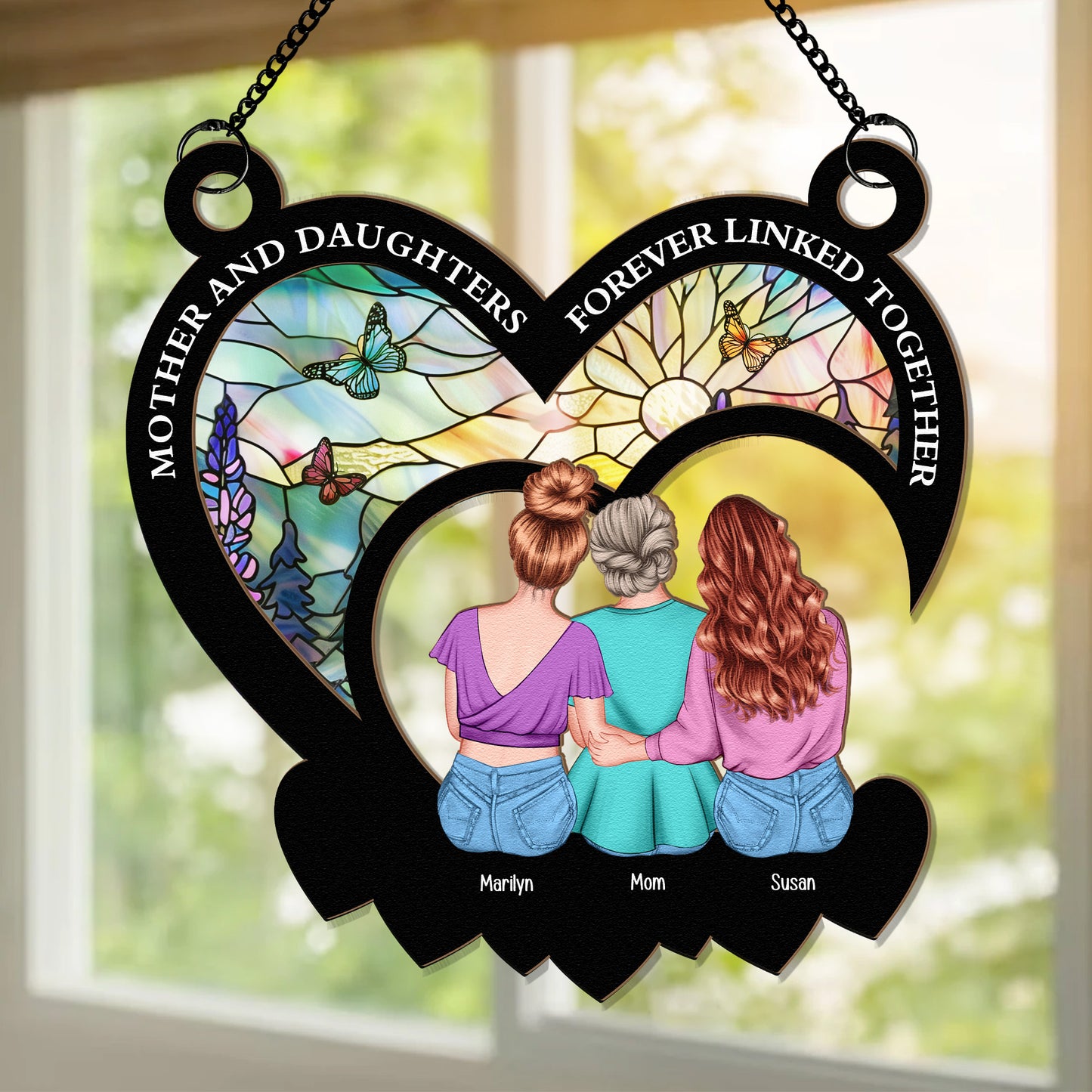 Mother And Daughters Forever Linked Together - Personalized Window Hanging Suncatcher Ornament