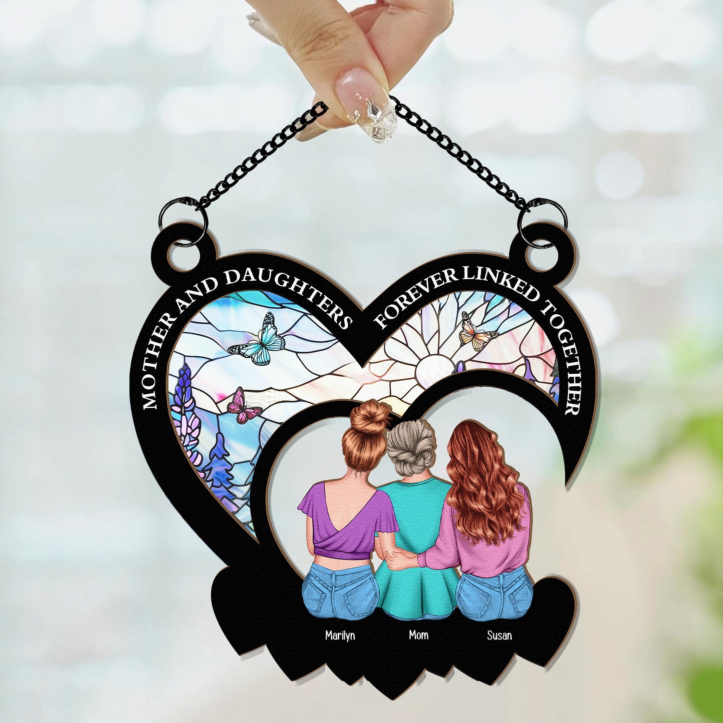 Mother And Daughters Forever Linked Together - Personalized Window Hanging Suncatcher Ornament