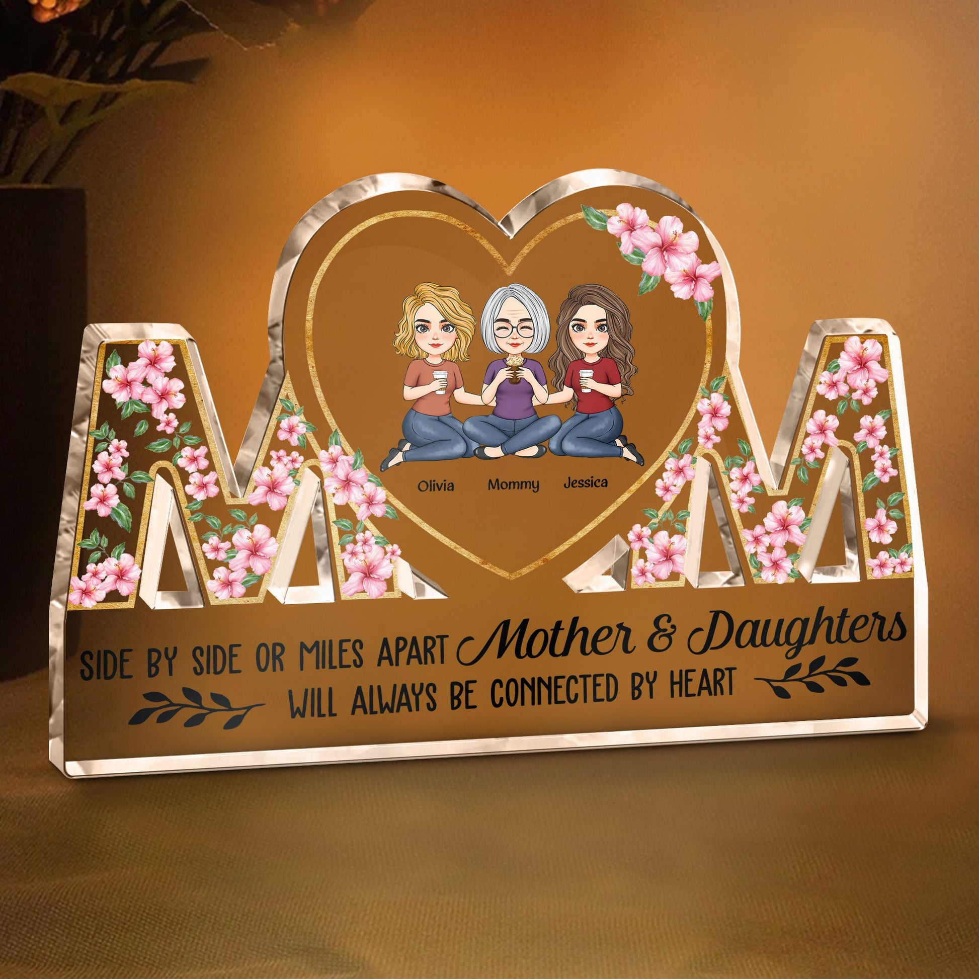 Mother & Daughters Will Always Be Connected By Heart - Personalized Mom Shaped Acrylic Plaque