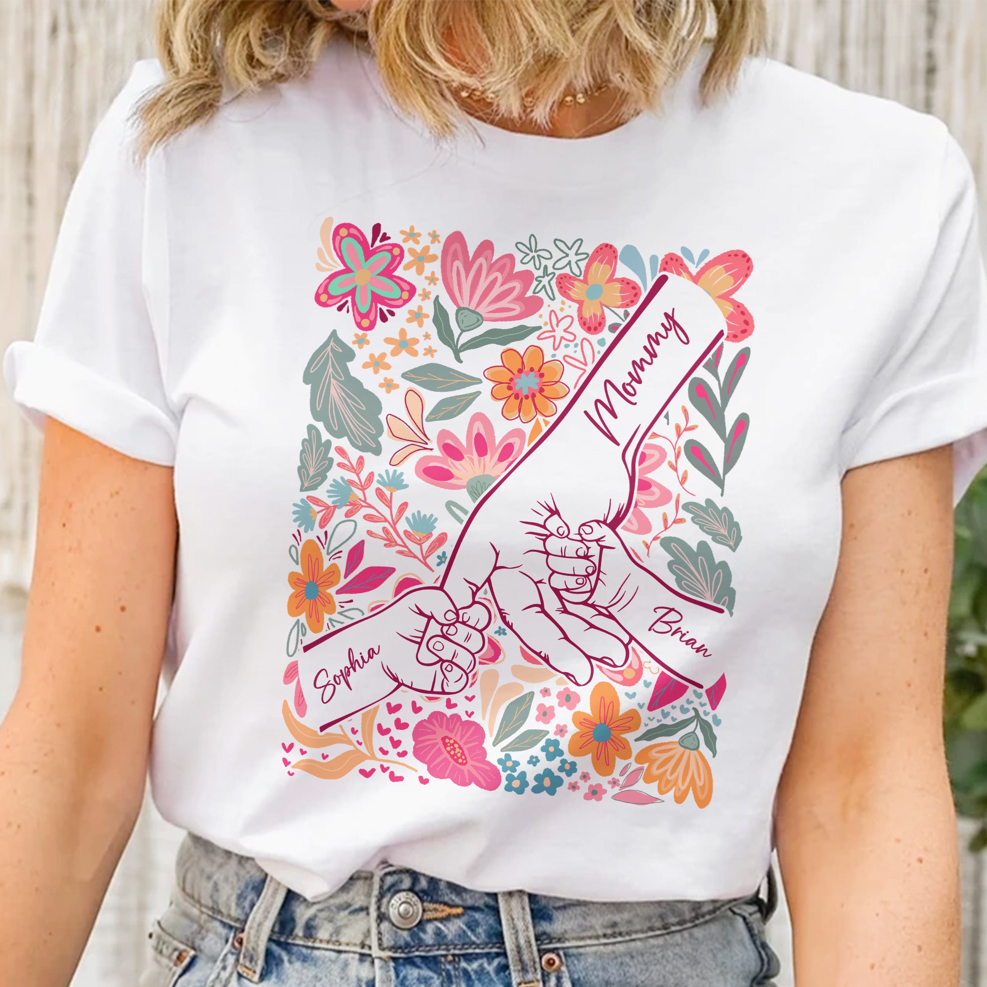 Mother-&-Children-Holding-Hands-Floral-Shirt-Gift-For-Mom-Wife-Grandma-Personalized-Shirt-1