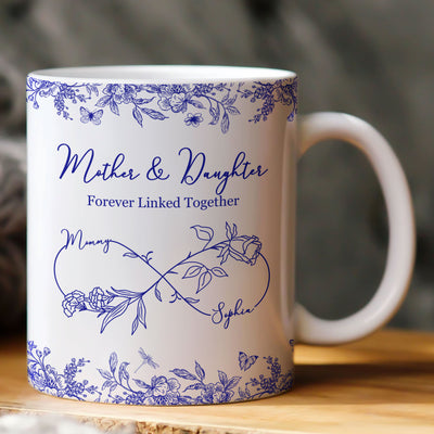 Mother Daughter Forever Linked Together Toile De Jouy Birth Flower - Personalized Mug