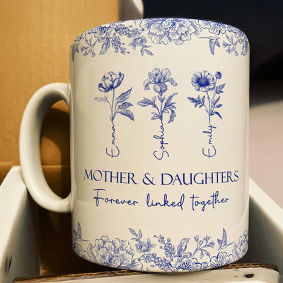 Mother & Daughters Forever Linked Together Birth Flower - Personalized Mug