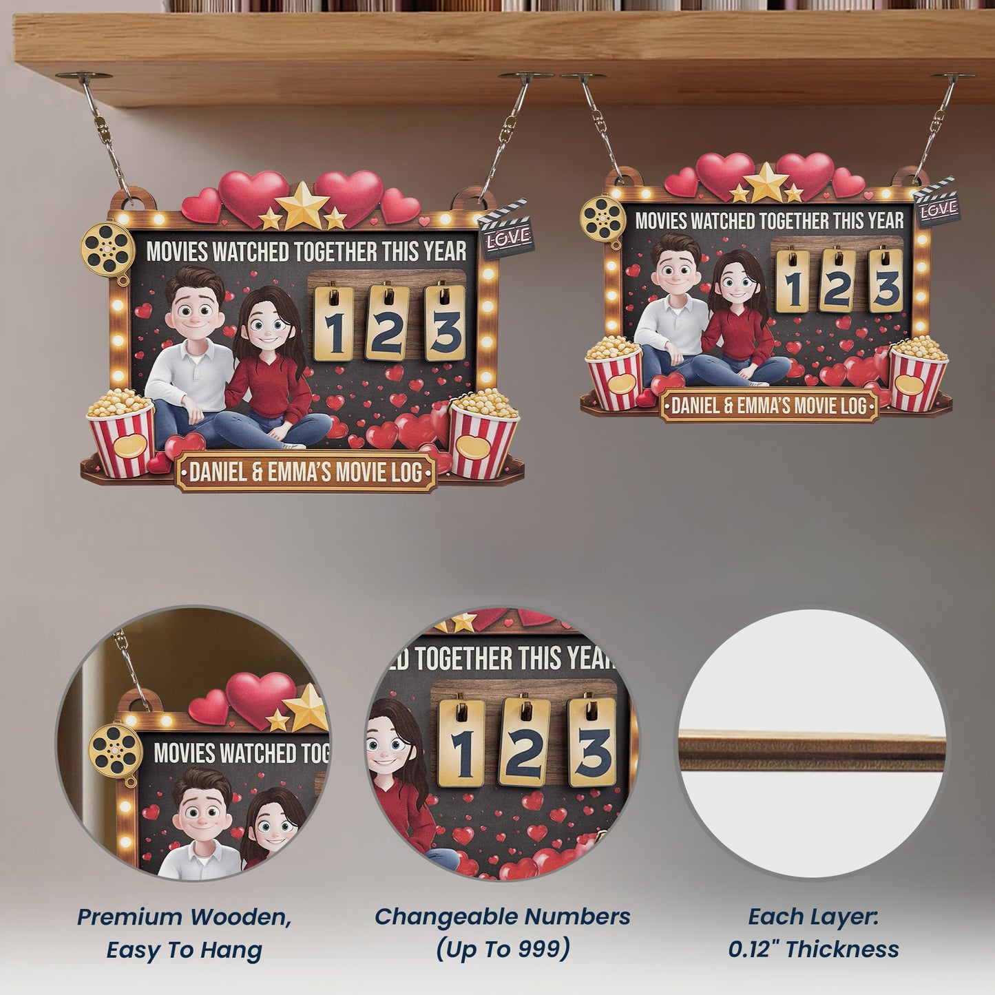 Movies Watched Together This Year - Couples' Movie Log - Personalized Hanging Movie Tracker