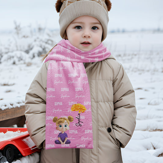 Multicolor Cute Cartoon With Birth Flower - Personalized Kid's Fleece Scarf